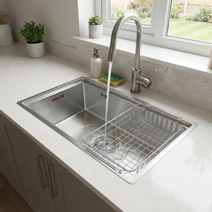 SUNMORE 304 <b>Stainless</b> <b>Steel</b> Modern Single Bowl Rectangular Two Hole Undermount Installation Handmade Brushed Surface <b>Kitchen</b> - Product Image 1