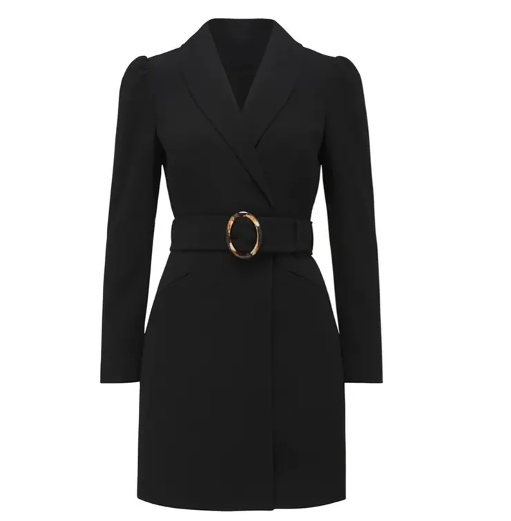 New Designs Custom Full Sleeve V Neck Fashion Belt Slim Fit Office Business Formal Black Long Women Suits Blazer