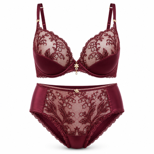 Ensemble de lingerie de luxe pour mariée, motif muguet bordeaux, soutien-gorge push-up en dentelle rouge vin et culotte taille haute en dentelle, avec stylo doré perlé - Product Image 1