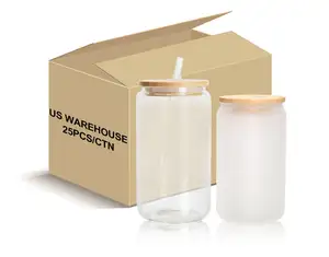 Us Warehouse 16oz sublimasi bening cangkir kaca buram 16oz cangkir kaleng bir dengan tutup bambu dan sedotan