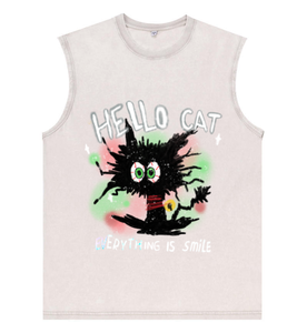 Canotta Oversize Nera Lavata con Effetto Acido, Motivo Gatto Nero Spaventoso e Soffice, HELLO CAT, con Stampa Spray 'EVERYTHING IS SMILE' - Product Image 6