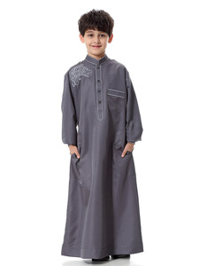 N041 Oriente Medio niño musulmán Color sólido poliéster Thobe Thawb bordado hecho a mano Daffah Thobe para niños <span class=keywords><strong>Haramain</strong></span> vestido islámico - Product Image 6