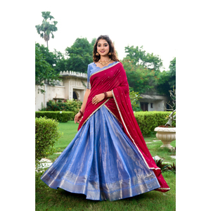 Elegant <b>Light</b> <b>Blue</b> Silk <b>Lehenga</b> Choli with Maroon Dupatta Traditional Indian Wedding Ethnic Wear Floor Length Outfit for Women - Product Image 1