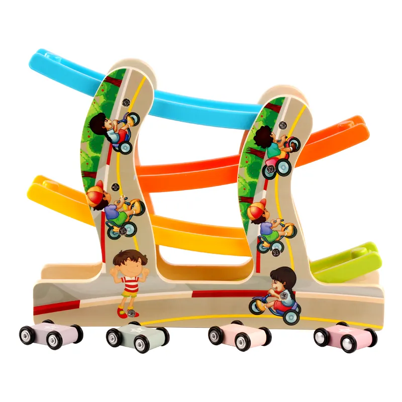 Rampa de madeira de brinquedo infantil, rampa de madeira divertida, trilho, brinquedo clássico, corrida rápida, 4 mini carro, presente para crianças