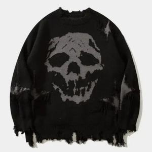 커스텀 로고 OEM 해골 프린트 크루넥 빈티지 남성 루즈 니트 탑 점퍼 디스트레스드 디자인 하이 스트리트 풀오버 니트 스웨터 - Product Image 2