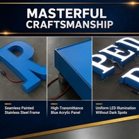 Lettres en relief 3D en acrylique bleu personnalisées en acier inoxydable avec éclairage LED, résistantes à l'eau, pour enseignes extérieures de bâtiments