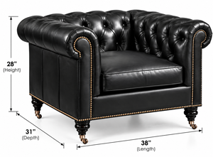 Sillón Chesterfield de Cuero Genuino Negro, Diseño Moderno de Mediados de Siglo, Tapicería Acolchada con Botones Profundos, Brazos Enrollados, Clásico con Remaches - Product Image 3