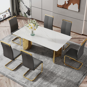Modern Square Stone Dining <b>Table</b> with White Marble Glass Top and Golden Metal Legs for Hotel Use - Product Image 4