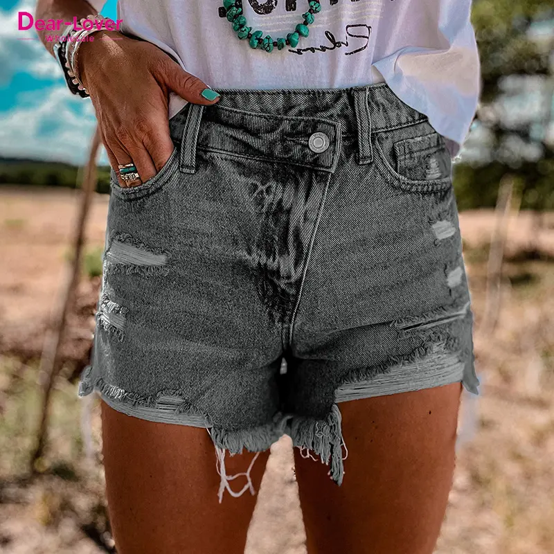 Dear-Lover 2023 Distressed High Crossover Waist Ripped Jeans Shorts Denim Pants Cotton Women's Jeans Short for Women