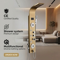 Colonne de douche moderne en acier inoxydable doré brossé avec jets de massage corporel effet pluie et cascade, douchette à main et bec de baignoire pour salle de bain d'hôtel