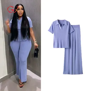 GX3301 High Quality Spring Summer Lapel V neck Top and Casual Wide-leg Pants 2 Piece Set Matching Suit Women's Knit Outfit