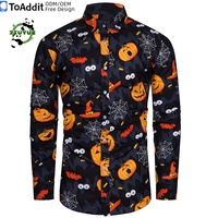 Kemeja Halloween Pria Dewasa, Kemeja Kancing Depan Sublimasi, Kemeja Halloween Pria Lengan Panjang Motif Labu