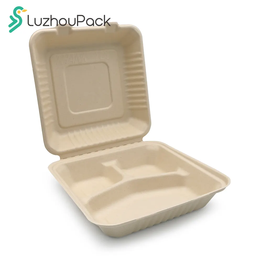 LuzhouPackカスタマイズされた使い捨て食品サトウキビ紙ランチボックスはフライドチキンコンテナを持ち帰ります