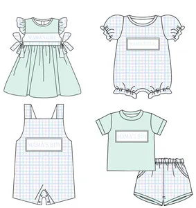 Toptan butik Mama kız erkek giyim tulumları nane ekose kıyafetler bebek çocuk bebek kısa kollu eşleştirme yaz setleri
