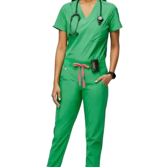 Colorido Hospital Scrub manga corta médico enfermera túnica camisa poliéster Spandex Scrubs uniformes para mujeres