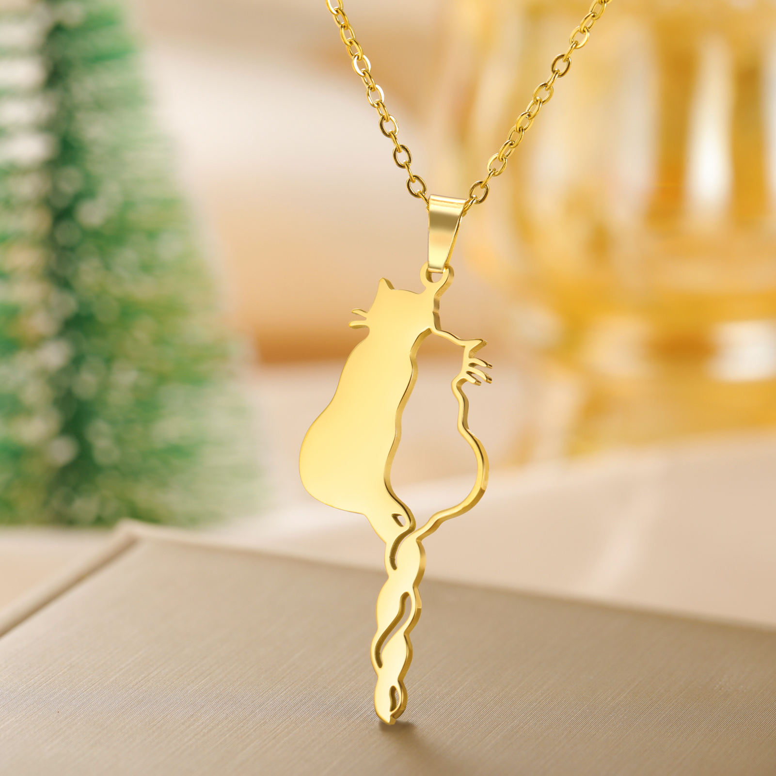 Stainless Steel Hollow Out Cats Charm Necklace Cute Gold Plated