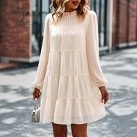 Robe mini femme ivoire à col montant à volants, manches lanternes, style babydoll, jupe étagée ample, décontractée et élégante pour les détaillants de mode