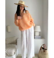 Pulls amples populaires en mohair et viscose de luxe, tricotés finement, à col rond, pour femmes, vente en gros