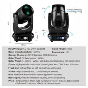 Projecteur de scène à tête mobile Sharpy Beam 380W 17R avec angle de faisceau de 1,8°, 14 couleurs, <span class=keywords><strong>Pan</strong></span> 540°/<span class=keywords><strong>Tilt</strong></span> 270°, contrôle DMX512, Flight Case - Product Image 6