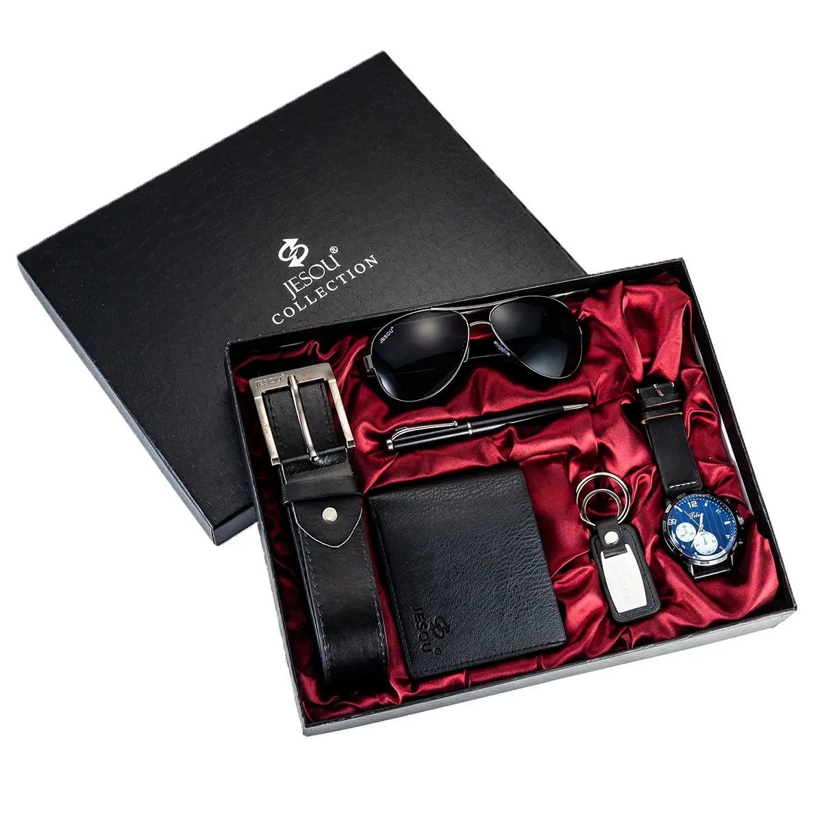 Wholesale Fashion Men Gift Set Luxury Watch And Wallet Sunglasses Pen Belt Keychain 6 Piece Men Watch Set