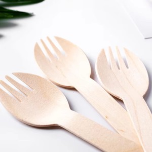 -ملعقة 2 في 1 ملعقة خشبية صغيرة قابلة للتحلل 4 "Spork خشبية صغيرة ملفوفة بشكل فردي وفاخرة قابلة للتحلل
