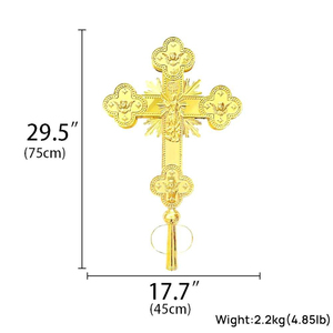 Cruz Procesional Ortodoxa Oriental, Chapada en Oro, Grabada por Ambos Lados, Aleación de Zinc, Cruz Religiosa con Ángeles y <span class=keywords><strong>Doce</strong></span> Apóstoles, 75 cm - Product Image 6