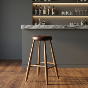 Tabouret de bar rond moderne rembourré avec pieds en bois, design sans dossier, assise capitonnée, non pliable, pour salon, café, cuisine - Product Image 3