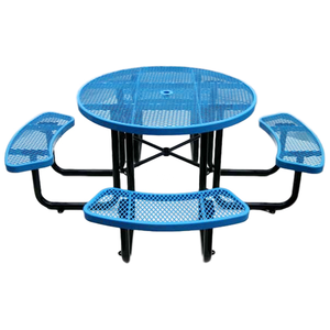 Mesa de picnic redonda de acero para exteriores y Banco, muebles de exterior, mesa de comedor de metal, mesa de café para patio público con orificio para sombrilla - Product Image 3