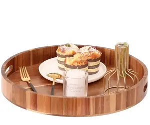 Custom Ronde Houten Bakjes Voor Koffietafel Lekvrije Ottomaanse Acacia Houten Dienblad Met Handvatten Voedsel Serveerbakken