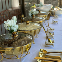 Matériel de restauration : Réchaud de buffet doré sur pied de 4,5 litres, Chauffe-plat rond doré de 8 litres pour traiteur et événements, avec couvercle en verre, pot à soupe