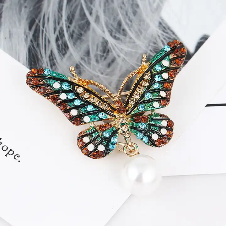 Wholesale LH4736 Vintage butterfly brooch with pearl Fashion brooch pin  zinc alloy Rhinestones brooch jewelry From m.