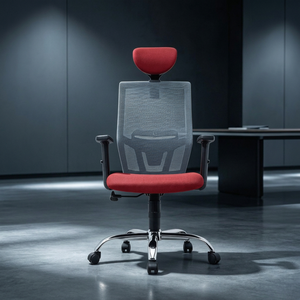 Chaise de bureau ergonomique moderne en maille, siège rouge, base chromée, accoudoirs fixes, appui-tête intégré, pivotante, manuelle, design contemporain, robuste - Product Image 1