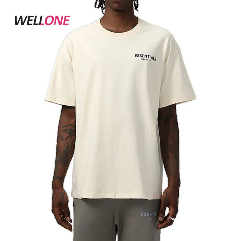 Custom Branded Street Wear Printing Logo Or No Logo Thick Double Yarn 100% Cotton Beige Mens Essential Tshirt
