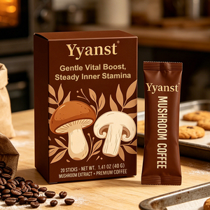 กาแฟเห็ดเพิ่มพลังสูตรอ่อนโยน OEM สำหรับขายส่งและรับผลิตแบรนด์ส่วนตัว 2 กรัม*20 ซอง กล่องลายเห็ดสองชนิดสีน้ำตาล - Product Image 3
