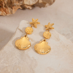 Boucles d'oreilles pendantes en forme d'étoile de mer et de coquillage, en alliage de zinc doré, bijoux de fête - Product Image 2