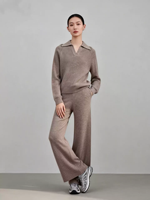 1. Ensemble Minimaliste Femme 100% Cachemire Tricoté : Haut Col Revers Col V et Pantalon Large en Maille – Tenue Décontractée 2 Pièces