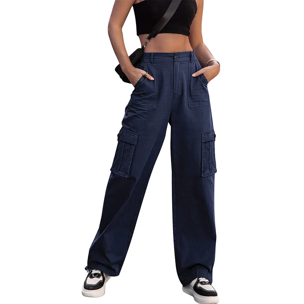 Celana kargo trendi wanita kanvas pinggang tinggi celana kargo mode biru tua 6 saku celana kargo wanita kualitas tinggi