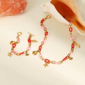 Conjunto de Collar y Pulsera de Acero Inoxidable Chapado en Oro, Estilo Marino, <span class=keywords><strong>Cadena</strong></span> de Resina con Colgante de Concha y Estrella de Mar para Mujer - Product Image 3