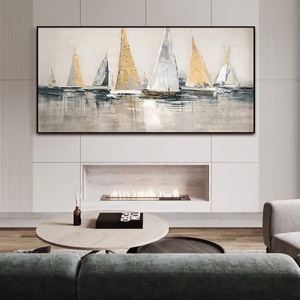 Tableau mural abstrait en toile texturée avec voilier doré, peinture artisanale, cadeau idéal pour l'inauguration d'une maison - Product Image 5