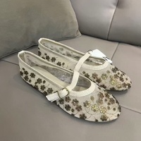 ZA 2026 Nouvelle Collection Automne – Sandales Plates Brodées en Soie Filet avec Perles et Rayures, Boutons, pour Femme – Chaussures Ballerines