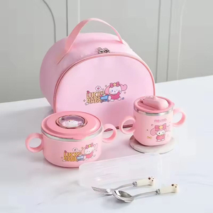 Kids <b>Lunch</b> Box <b>Set</b> Blue Plastic Bowl Cup With Lid Portable Food Container For Children Cute Design M Size - Product Image 3