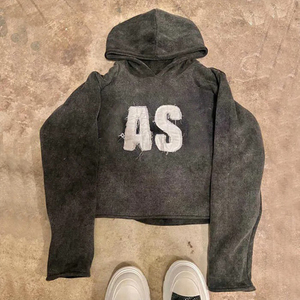 Sweat à capuche unisexe vintage délavé à l'acide en coton French Terry, coupe courte, style streetwear, avec appliqué brodé et patchs usés, pour homme - Product Image 4