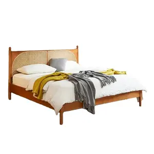 Japanese solid wood home stay cherry wood double vintage rattan woven 1.51.8 meters small household main bed