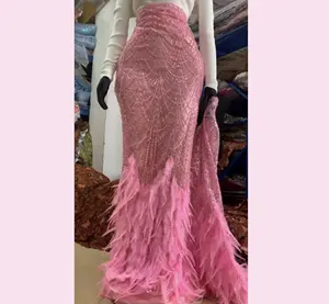 custom china wholesale net lace fabric dubai Feather 3D Lace Fabric Luxury French Evening Dress Beaded Austria Lace wedding