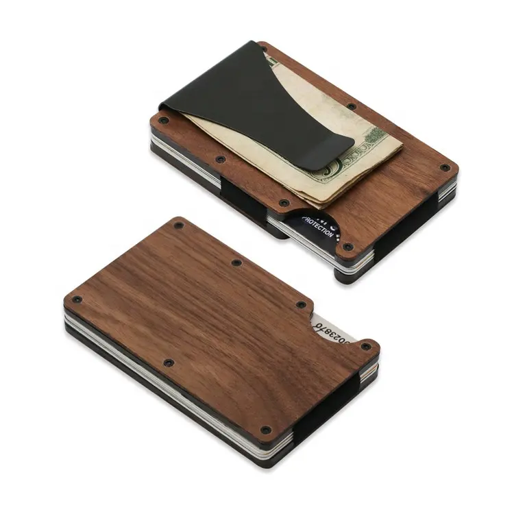 Wholesale new unique design minimalist rfid blocking wooden cardholder credit real wood slim aluminum wallet