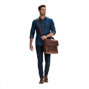 Porte-documents en cuir véritable pour homme ELYSIAN INDUSTRIES, marron uni, fermeture éclair, poignée souple, sangle réglable, durable, décontracté, moderne - Product Image 4