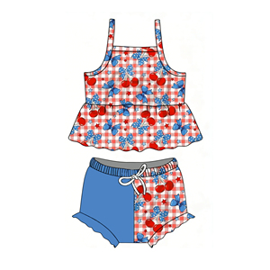 GBO0510 Conjunto de Ropa Casual Personalizado Sin Pedido Mínimo para Niña Pequeña, Estampado a Cuadros Rojos con Lazos Azules, Blusa sin Mangas y Pantalones Cortos, Venta al Por Mayor - Product Image 1
