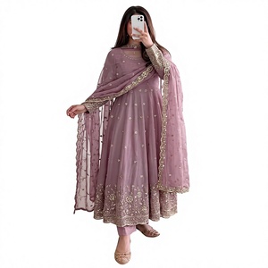 Women Traditional Indian Pakistani Salwar Kameez Floor Length Embroidered Polyester Wedding <b>Dress</b> <b>Loose</b> Fit Pink Gold Trim - Product Image 1
