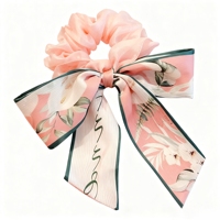Élastique à cheveux en soie rose à imprimé floral élégant de style coréen avec nœud, accessoire de coiffure féminin de 14 cm pour fête