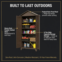 Abri à outils de jardin extérieur en acier marron avec toit de chalet, porte à double persienne verrouillable, armoire de rangement à 4-5 niveaux, organisateur de jardin